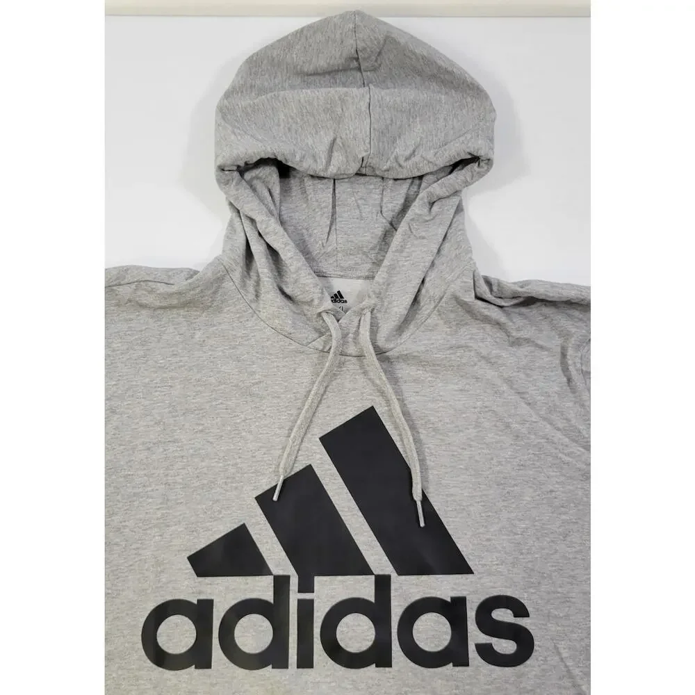 QQ) Adidas Men Logo Gray Hooded Pullover Sweatshirt Hoodie Top 2XL